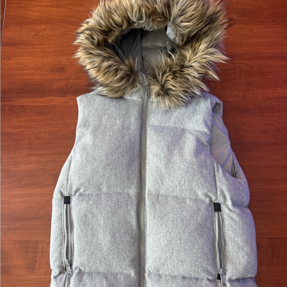 GAP Gray Puffer Vest with Faux Fur Hood